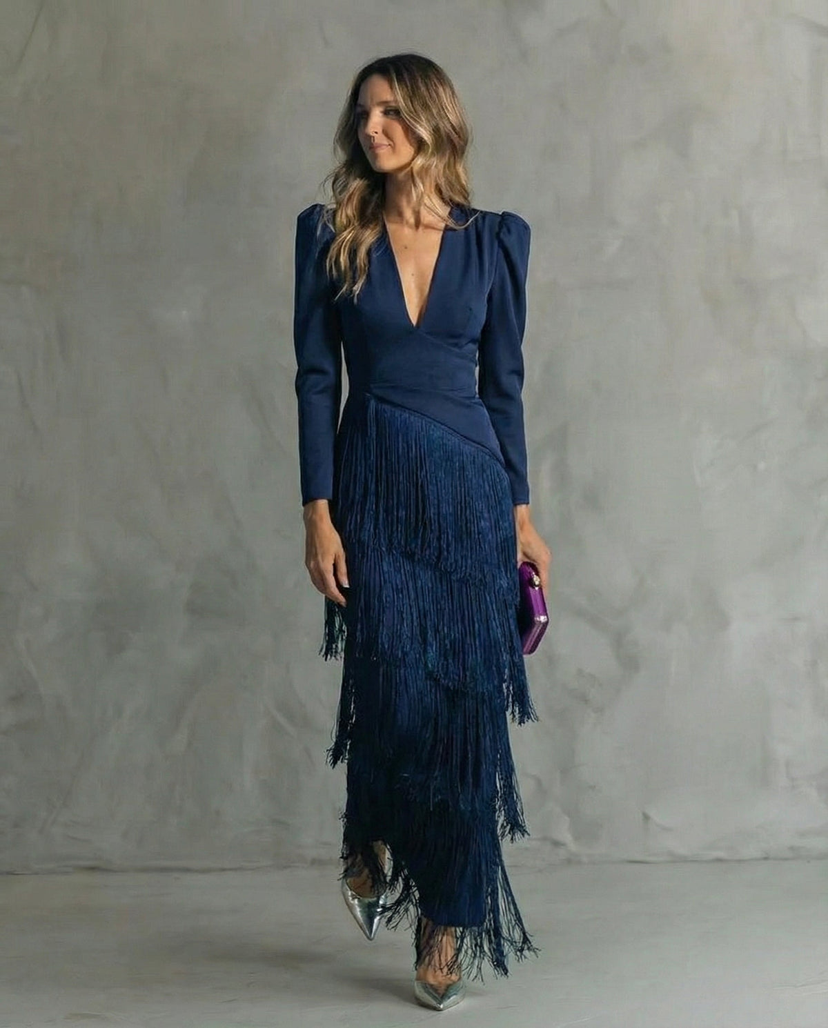 Chiara | Vestido Midi de Mujer con Mangas de Flecos - Azul - S