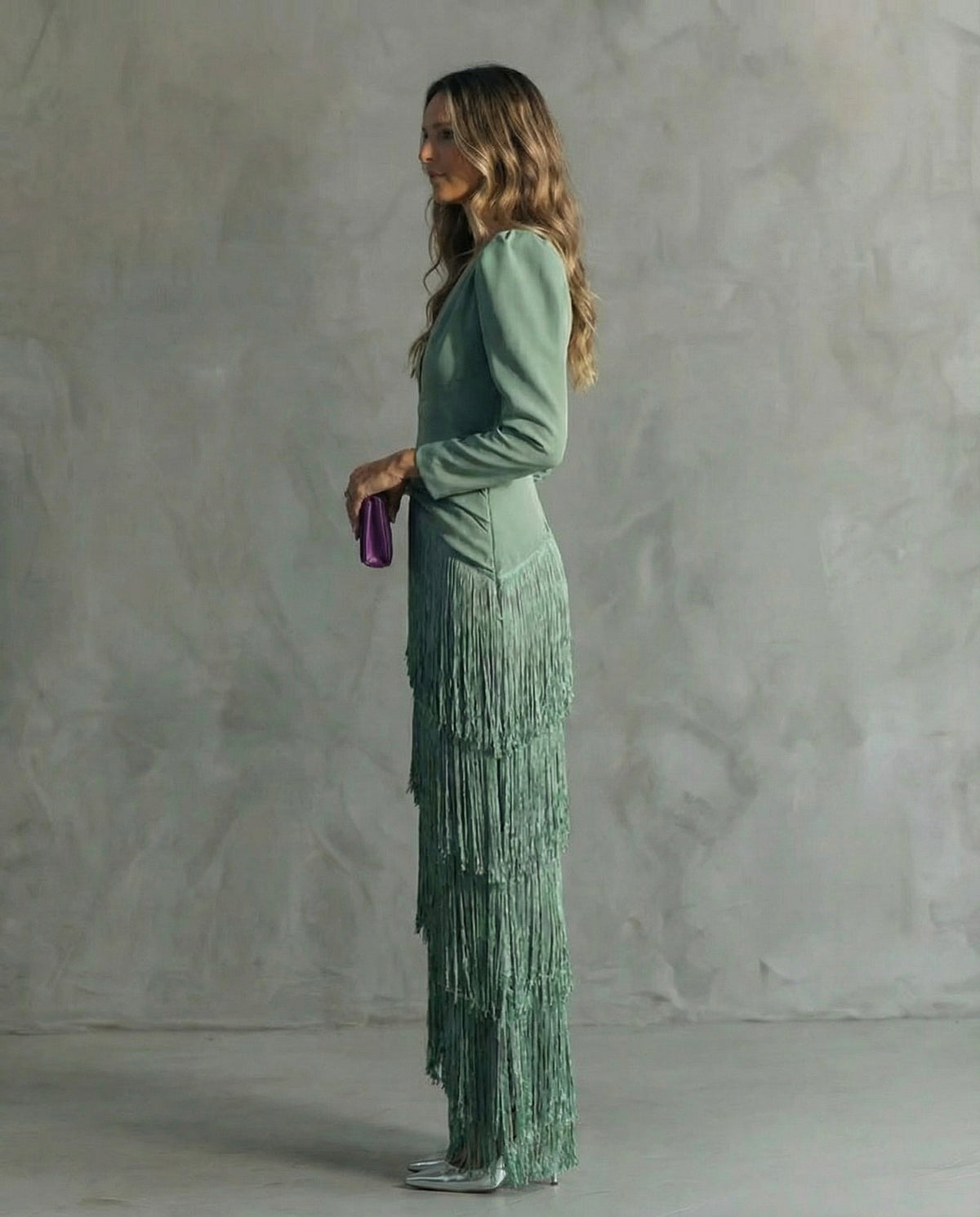 Chiara | Vestido Midi de Mujer con Mangas de Flecos - Verde Claro - XL