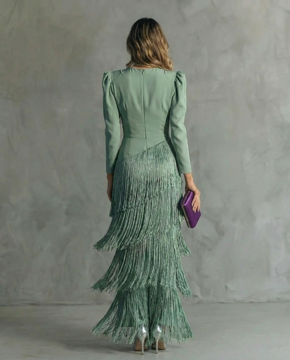 Chiara | Vestido Midi de Mujer con Mangas de Flecos - Verde Claro - XXL