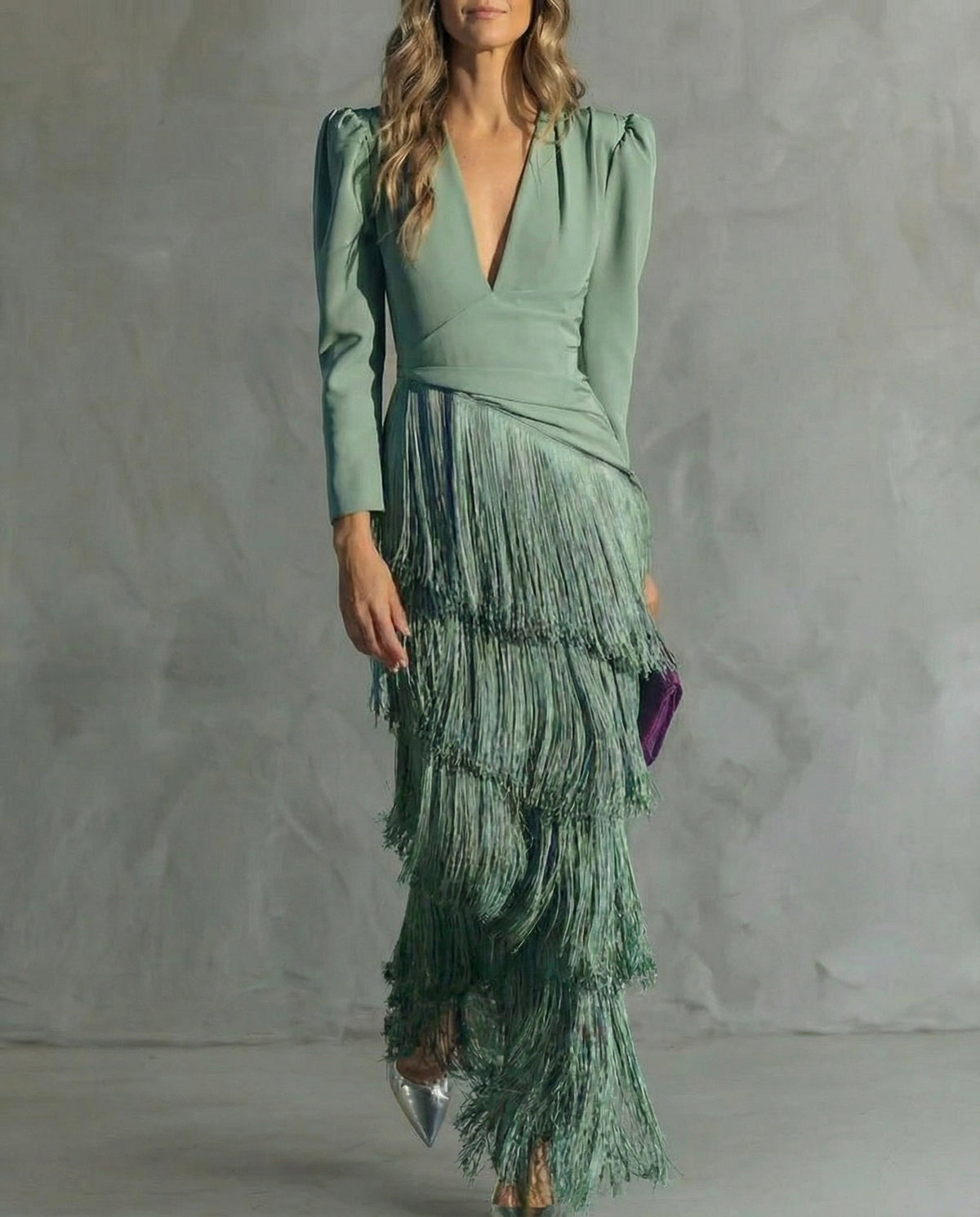 Chiara | Vestido Midi de Mujer con Mangas de Flecos - Verde Claro - M