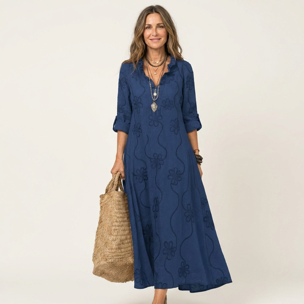 Olaia | Vestido Maxi Bordado de Algodón-Lino