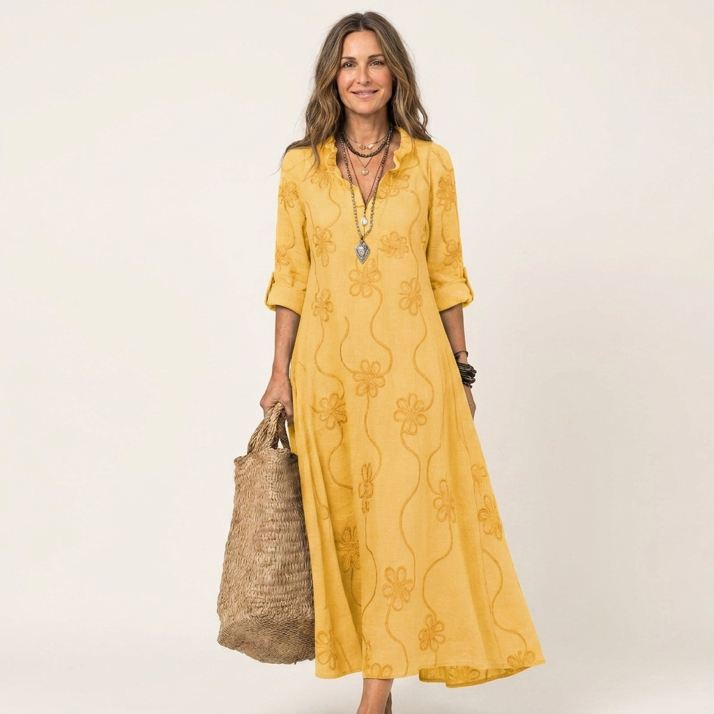 Olaia | Vestido Maxi Bordado de Algodón-Lino