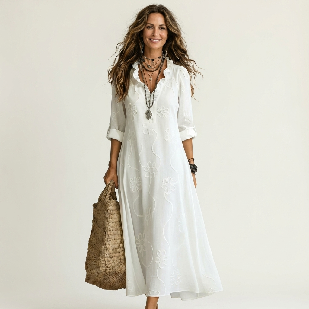 Olaia | Vestido Maxi Bordado de Algodón-Lino