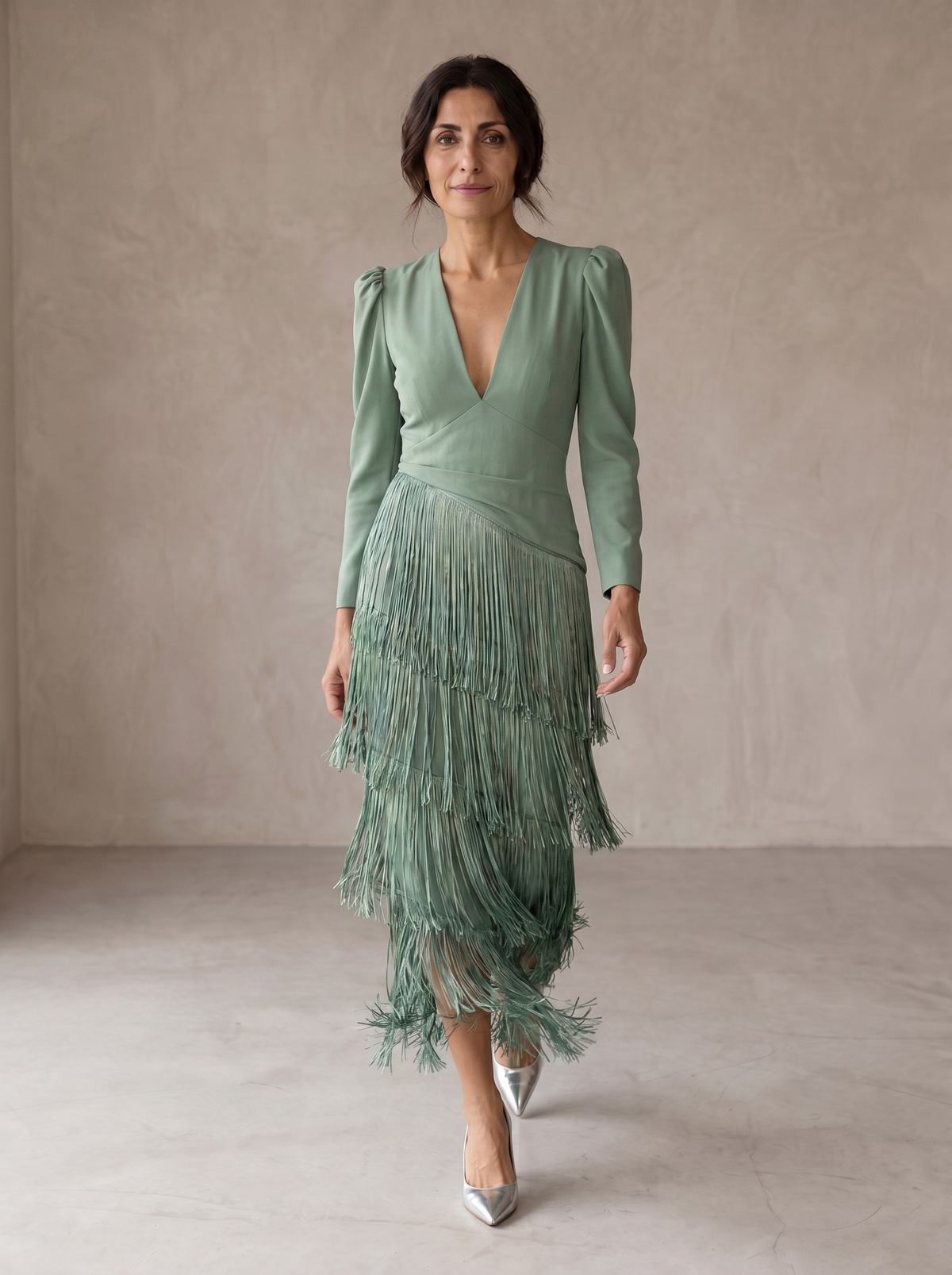 Chiara | Vestido Midi de Mujer con Mangas de Flecos - Verde Claro - S