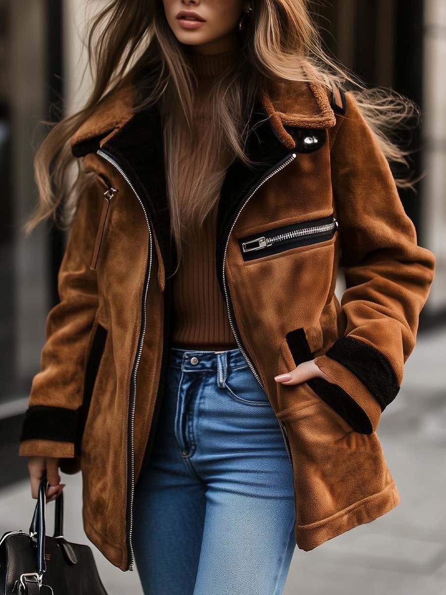 Abrigo de Gamuza Retro con Cierre y Colores de Contraste para Mujer - Coat - Café - S