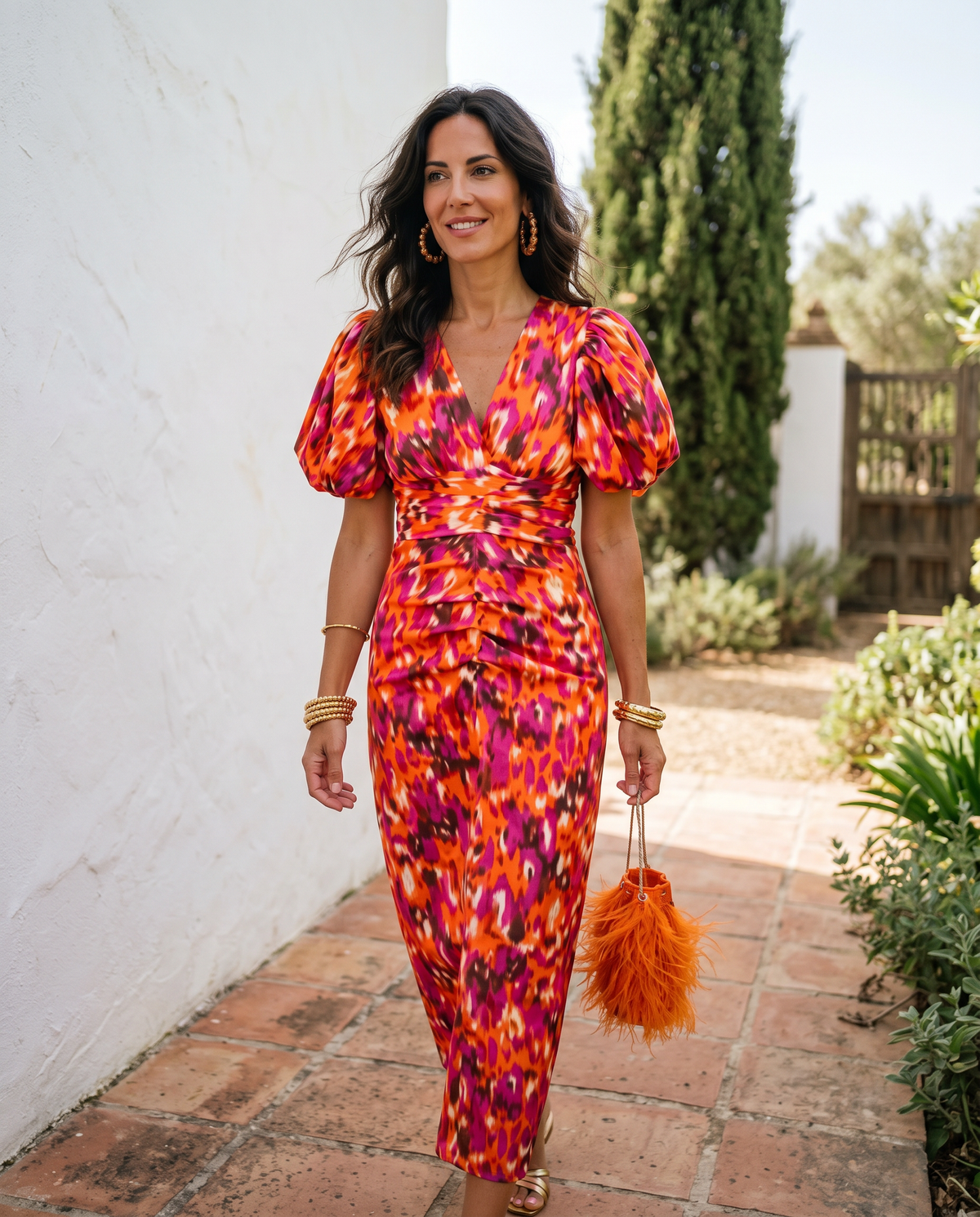 Carla | Vestido Midi de Mujer Floral con Mangas Abullonadas - Naranja - S