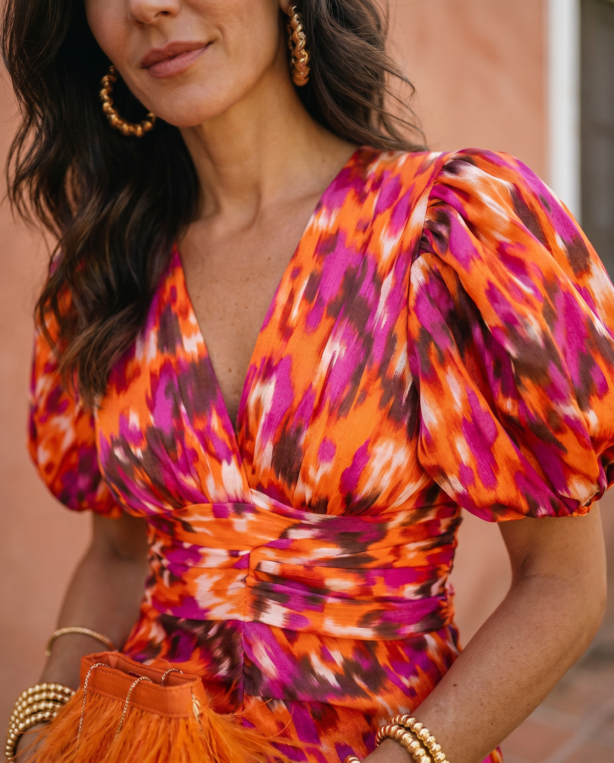 Carla | Vestido Midi de Mujer Floral con Mangas Abullonadas - Naranja - L
