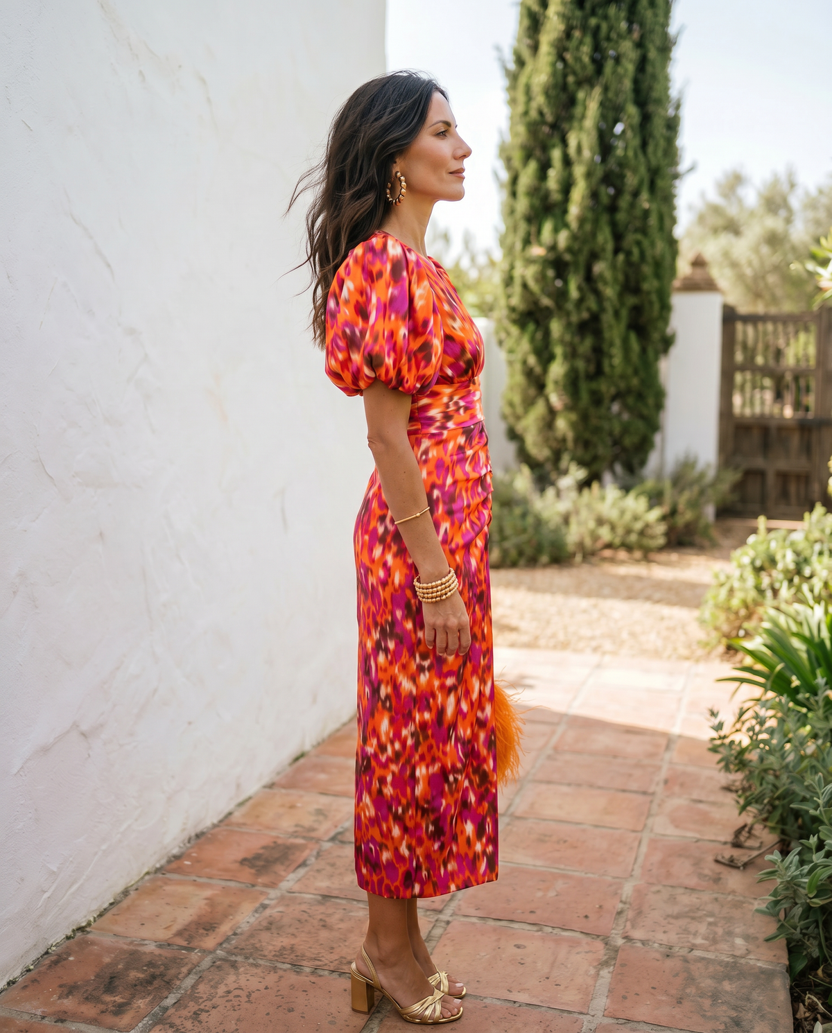 Carla | Vestido Midi de Mujer Floral con Mangas Abullonadas - Naranja - XL