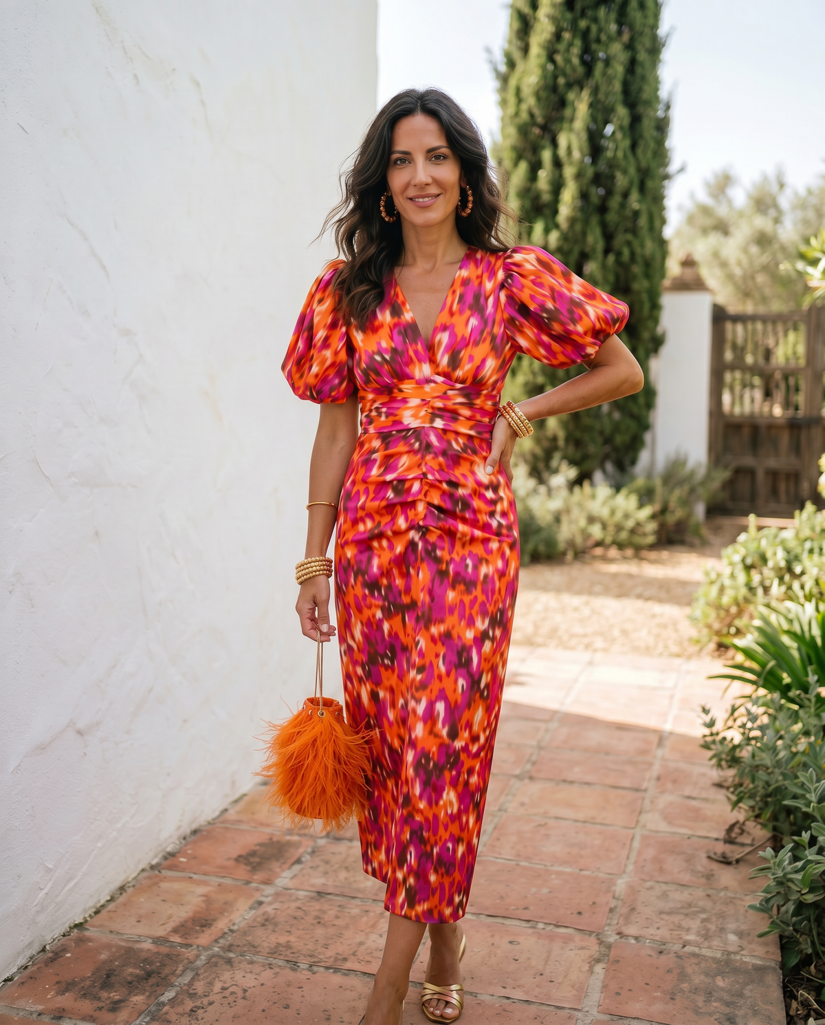 Carla | Vestido Midi de Mujer Floral con Mangas Abullonadas - Naranja - M