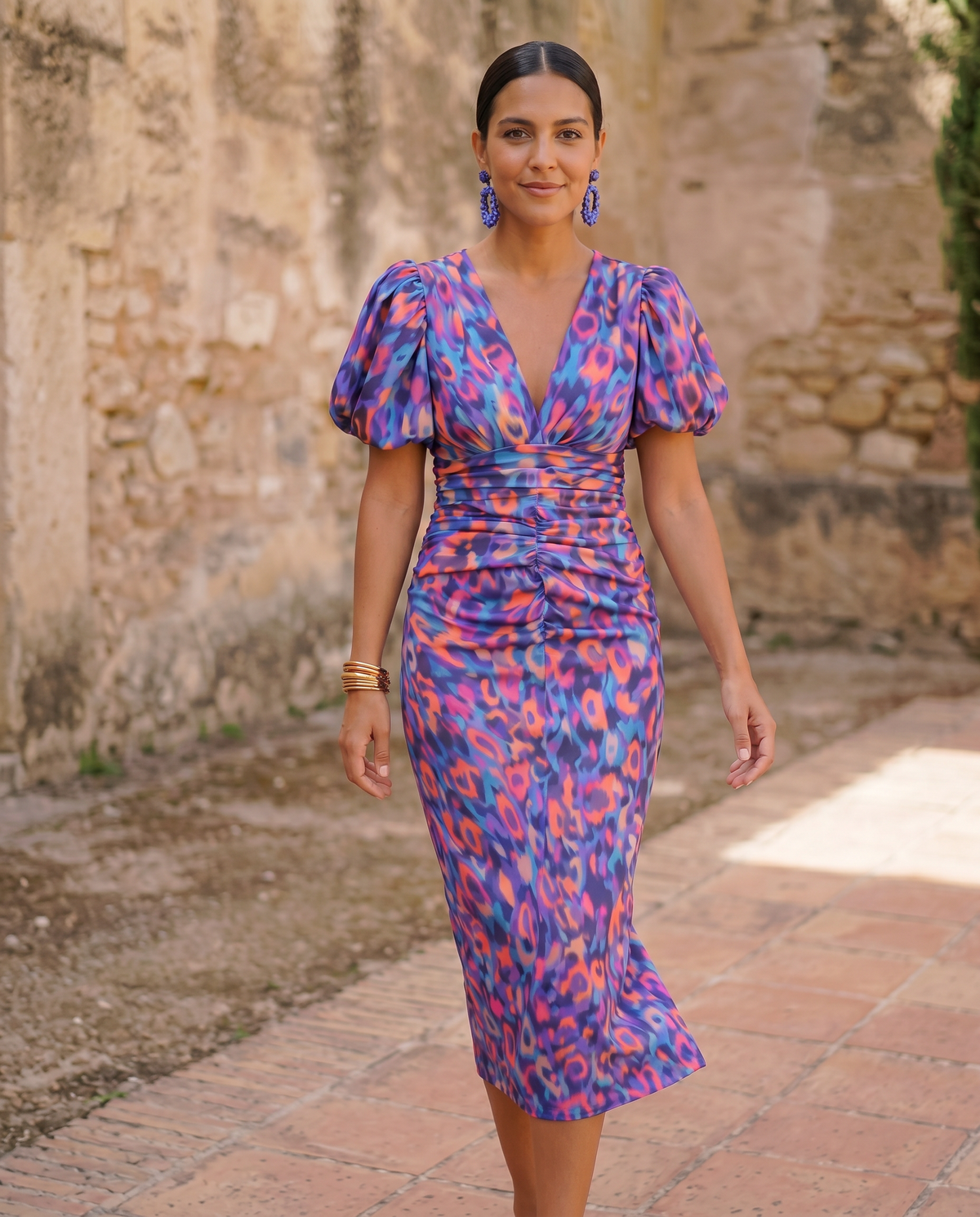 Carla | Vestido Midi de Mujer Floral con Mangas Abullonadas - Naranja - 3XL