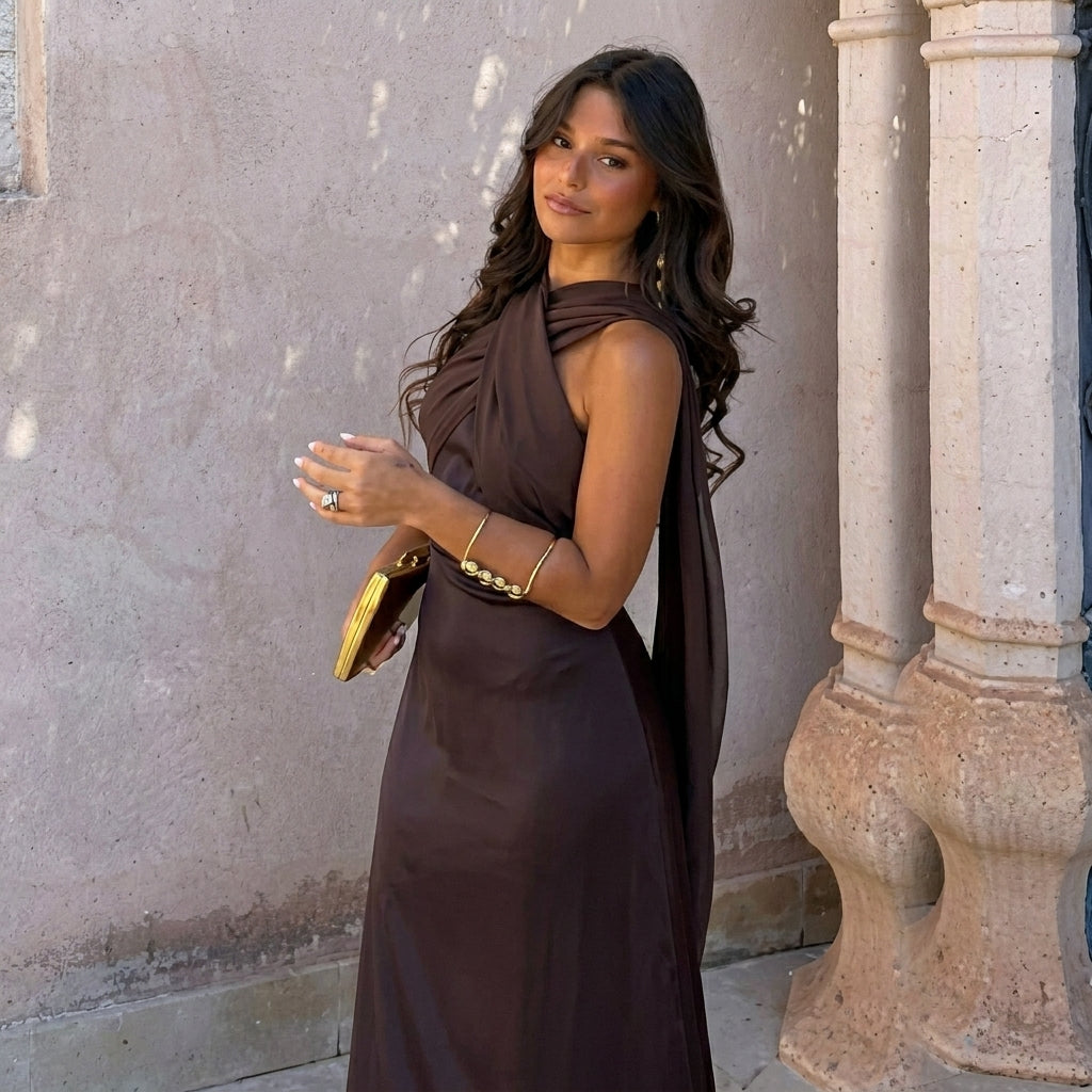 Aloe | Vestido Midi de Mujer con Escote Cruzado Asimétrico - Naranja Óxido - S