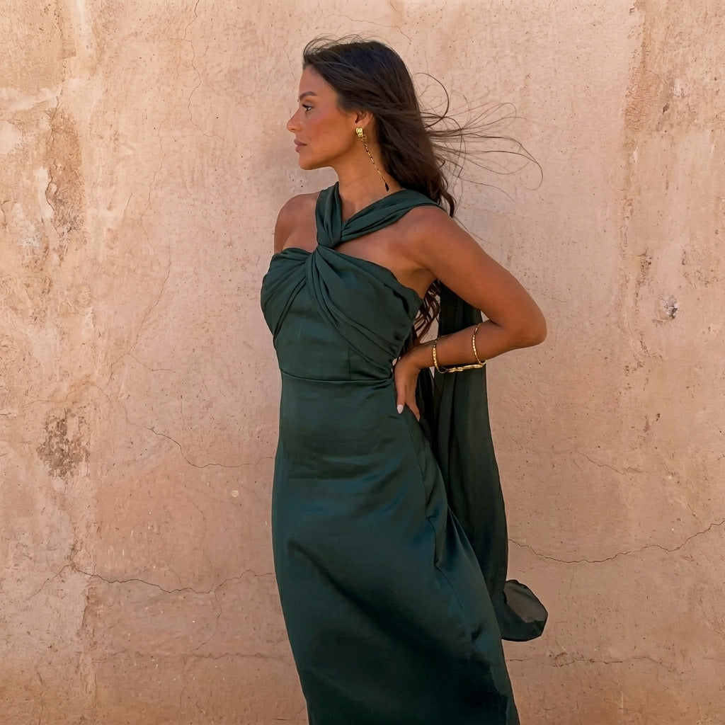 Aloe | Vestido Midi de Mujer con Escote Cruzado Asimétrico - Verde Oscuro - S